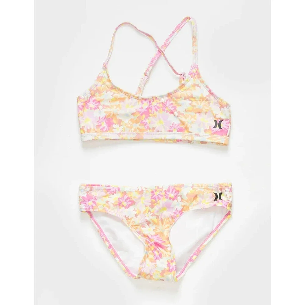 Hurley Bikini Set Girls XL Pink Floral Stretch Scoop Neck Swimwear Beach JDM633